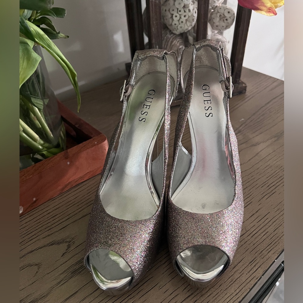 Guess Silver Metallic Peep-Toe Heels